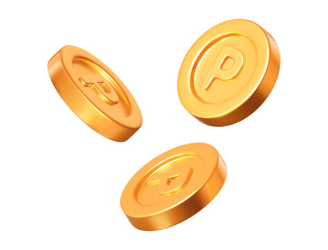 3D set golden point coins with different angles. Stock vector illustration on isolated background.	