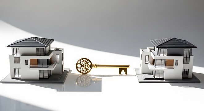 Golden key connecting two modern houses as a symbol of real estate and home ownership concept. 1031 Exchange