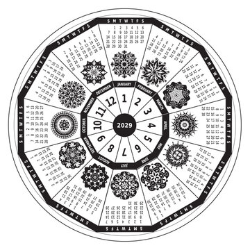 Calendrier 2029 avec Mandalas - Roue Couleurs Arc-en-Ciel - 12 Mois - Vecteur Noir et Blanc
