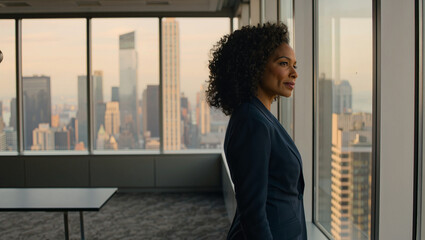 Fototapeta premium Contemplative Black female business executive looking out skyscraper window at city skyline at sunset, authentic diverse leadership reflection moment editorial corporate portrait