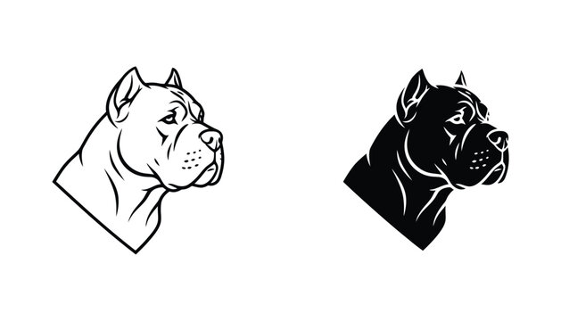 Aggressive pitbull dog head profile line art and solid black silhouette mascot logo design set