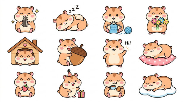 Cute Hamster Character Set Featuring Hamsters Sleeping, Holding Food, Playing, and Showing Emotions for Playful Illustrations