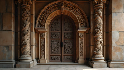 Fototapeta premium Intricate carvings on library door. Ultra realistic library door designs. Stunning wood carvings in architecture. Artistic library entryway features.