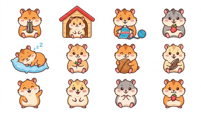 Fototapeta premium Cute Hamster Character Set Featuring Hamsters in Different Poses with Food, Toys, and Homes for Playful Illustrations
