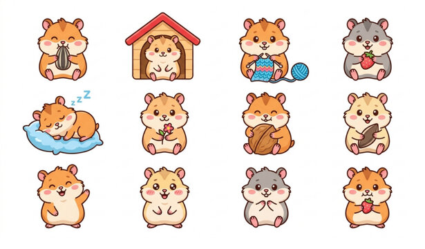 Cute Hamster Character Set Featuring Hamsters in Different Poses with Food, Toys, and Homes for Playful Illustrations