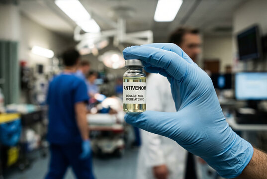 Medical professional holding antivenom vial in hospital emergency room