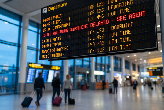 Airport departure board showing hantavirus quarantine delay sign