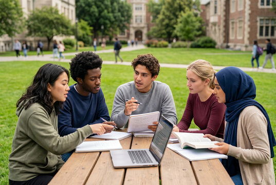 Diverse group of university students studying together on college campus