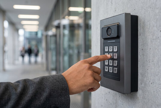 Person entering access code on security intercom keypad at building entrance