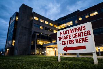 Fototapeta premium Sign for hantavirus triage center outside modern hospital exterior