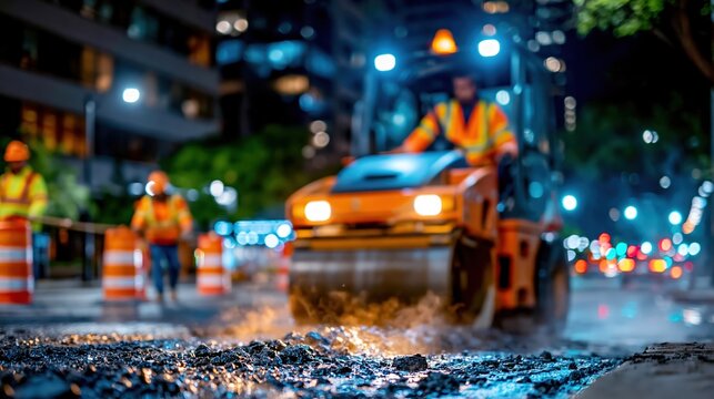 Road roller and workers laying fresh asphalt on urban road, showing street repair and maintenance
