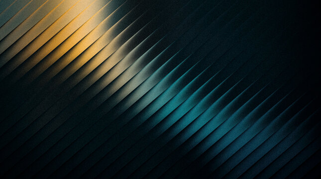 Grainy ribbed abstract background with diagonal lines and gradient lighting, dark texture with golden and teal highlights
