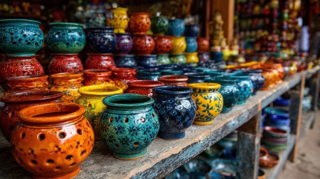 Colorful mexican ceramic pots with intricate patterns and varied textures displayed at market stall