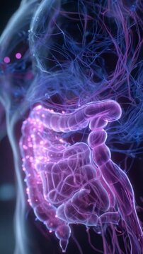 Exploration of Human Anatomy: A Glowing Representation of the Digestive System with Intricate Neural Connections Depicted in Vibrant Colors and Detail