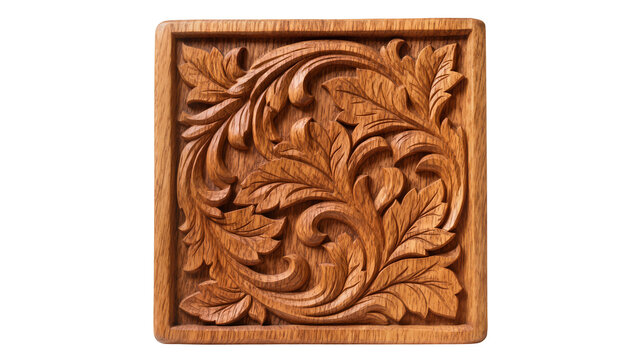 Ornate wooden carved panel with acanthus leaf motif, isolated on transparent background