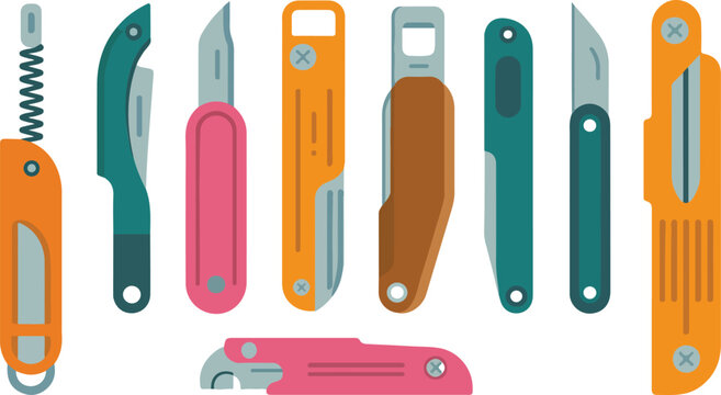 Professional flat vector icon set of various utility knives pocket tools and folding blades for industrial work manual labor home improvement and everyday carry survival equipment design projects.