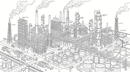 Fototapeta premium An intricate isometric illustration of a sprawling industrial oil refinery complex with numerous towers, pipes, and storage tanks, emitting smoke from its chimneys.