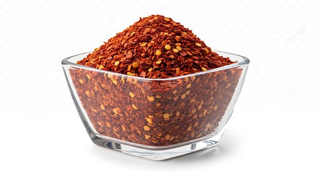 Red chili pepper flakes in a clear glass bowl for cooking and seasoning. aleppo pepper flakes