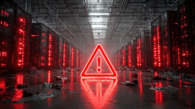 AI server room data flood with red warning signals system failure and high tension concept