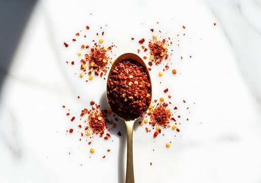 A silver spoon filled with spicy red chili flakes and colorful dry mixed spices on the table. aleppo pepper flakes