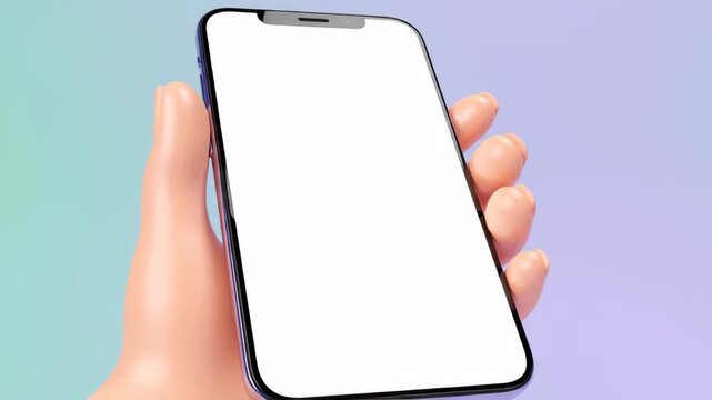 3 d cartoon hand holding smartphone with blank screen for app ui mockup and digital marketing presentation