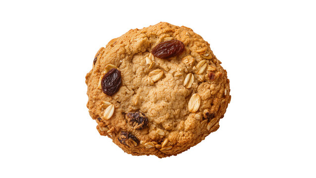 Golden brown oatmeal raisin cookie with visible oats and raisins, isolated on transparent background