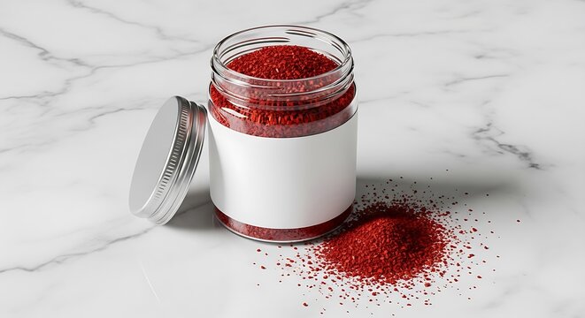 Glass jar of red chili powder spice with a blank label and metal lid on a marble table. aleppo pepper powder