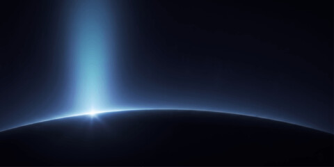 A digital illustration of the blue planet earth in dark space featuring a bright light flare and energy rays against a black motion wallpaper texture © ZINGGALALA HOHO