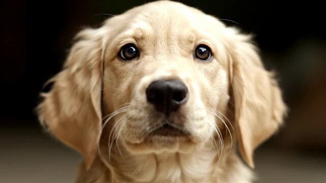 Adorable golden retriever puppy with soulful eyes focuses intently forward, showcasing a sweet and endearing canine expression against a softly diffused backdrop, evoking warmth