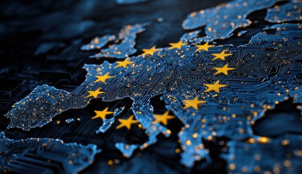Digital map of the european union with yellow stars and glowing network lines, representing connectivity and integration