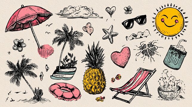 Hand drawn summer illustration set featuring tropical elements like pineapple palm trees sun sunglasses and beach umbrella for creative design
