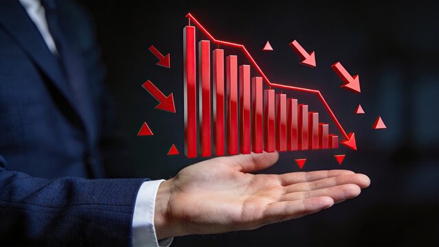 Hand presenting red falling bar graph with downward arrows symbolizing financial loss, market crash, recession, and economic crisis decline.