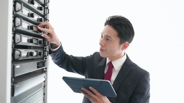 サーバーを点検する男性エンジニア