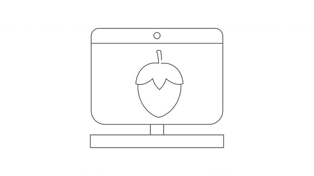 Computer Screen Displaying a Stylized Acorn Icon Line Art.