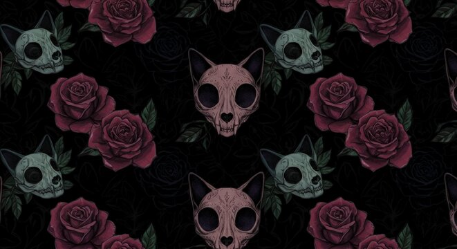 Colorful cat skull and rose floral seamless pattern.