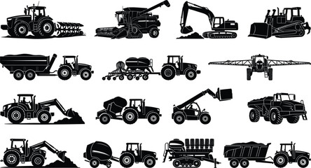 Collection of agricultural and heavy machinery black silhouettes including tractor harvester excavator and industrial equipment icons © Sanjina