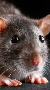 Close-up Exploration of a Rat's Features and Textures Illuminating the Intricacies of Its Eyes, Fur, and Whiskers in a Dark Environment