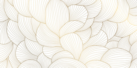 Luxury Art Deco floral pattern with elegant gold line leaves, flowing wave elements background. Vector illustration Japanese ornament with tropical foliage, wallpaper, tea packaging, summer decor. © marylia17