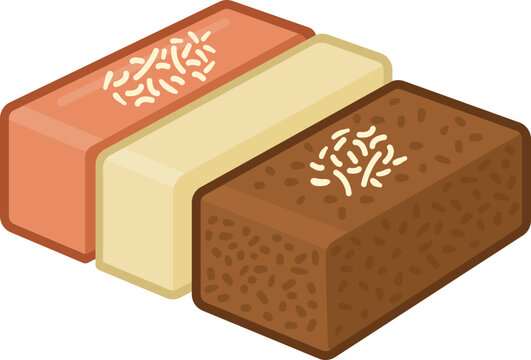 Three delicious rectangular pieces of gethuk cake with different flavors and textures, made from cassava, a traditional Indonesian food.