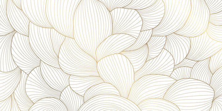 Luxury Art Deco floral pattern with elegant gold line leaves, flowing wave elements background. Vector illustration Japanese ornament with tropical foliage, wallpaper, tea packaging, summer decor.