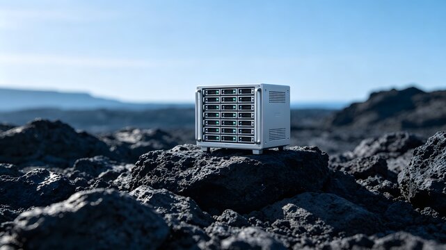 Precision miniature server cluster standing on raw volcanic rock