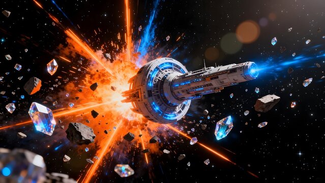 Space station explosion in asteroid field