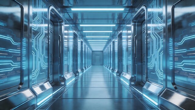 Futuristic corridor with glowing circuit panels