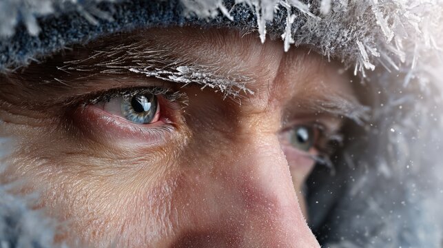Male face in extreme cold close up with frost covered skin and frozen eyelashes showing harsh winter conditions freezing temperature survival endurance and intense weather exposure concept