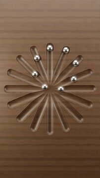Steel Balls Rolling in Circle on Wooden Table Loop Animation 4K Vertical