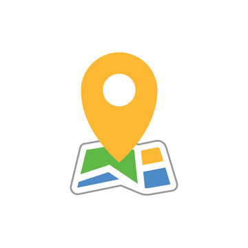 A stylized illustration of a yellow map pin icon on top of a colorful map fragment.