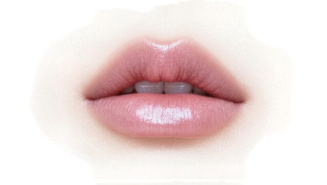Glossy pink lips with subtle shine, isolated on transparent background