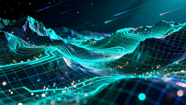 Digital landscape with glowing mountains