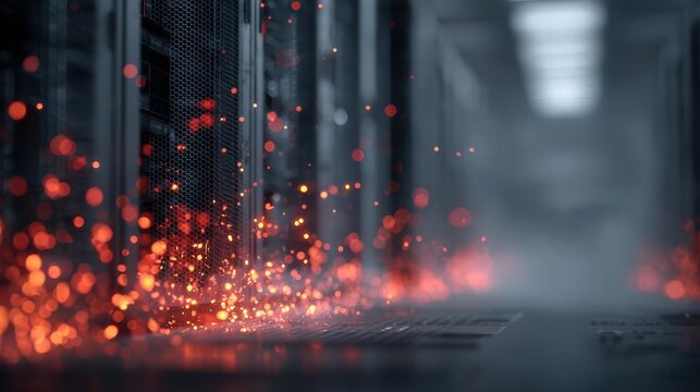 AI nodes overheating with sparks data corruption system failure futuristic concept