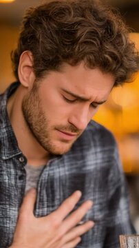 Young man experiencing discomfort, clutching his chest with a concerned expression, possibly indicating a moment of anxiety or emotional distress in a social setting.